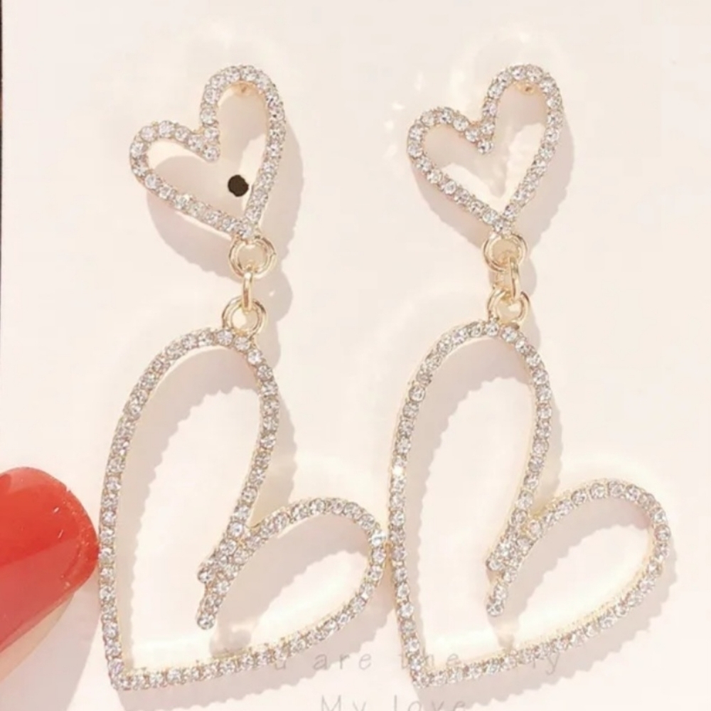 Earrings Rhinestone Double Heart Drop - Picture 6 of 16